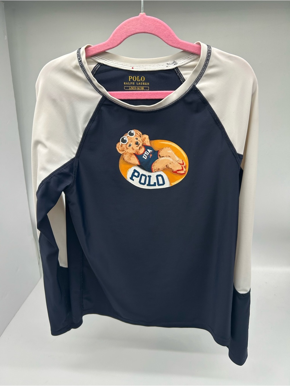Polo by Ralph Lauren Navy and Cream Long-Sleeve Rash Guard with Bear Graphic L